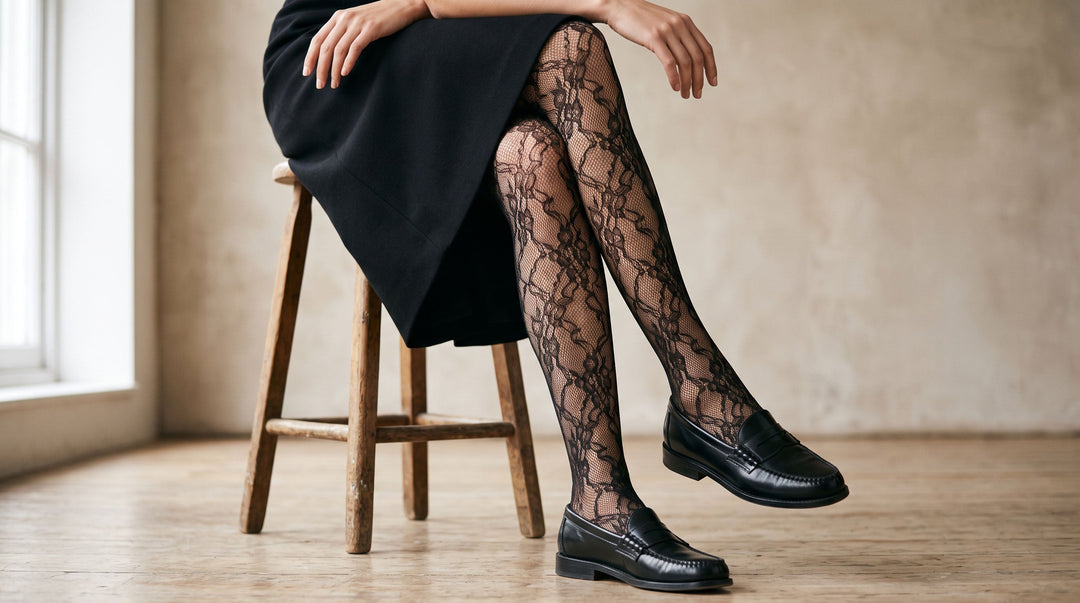 Black lace tights styled with a black midi skirt and penny loafers – Fashion Tight UK