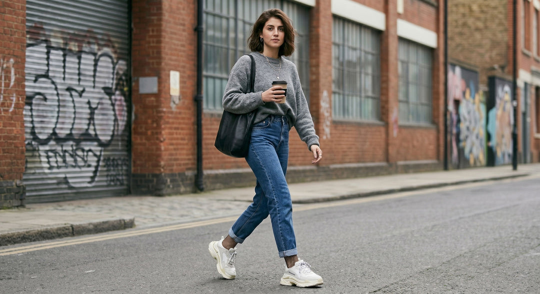 Close up of fishnet ankle socks worn with black patent stiletto heels on marble floor, fashion editorial