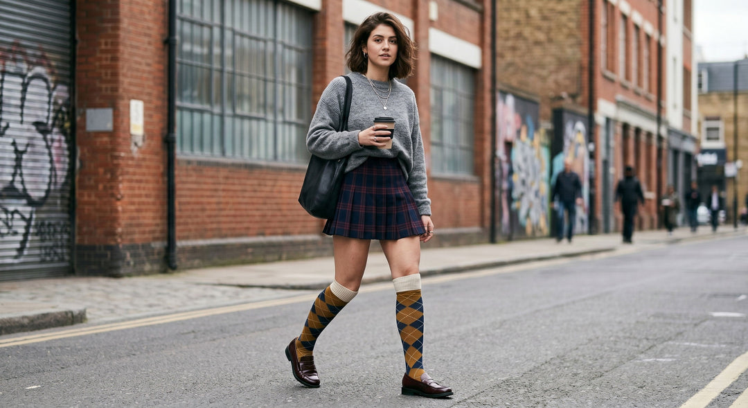 Woman wearing argyle knee high socks with pleated mini skirt and loafers, London street style 2026