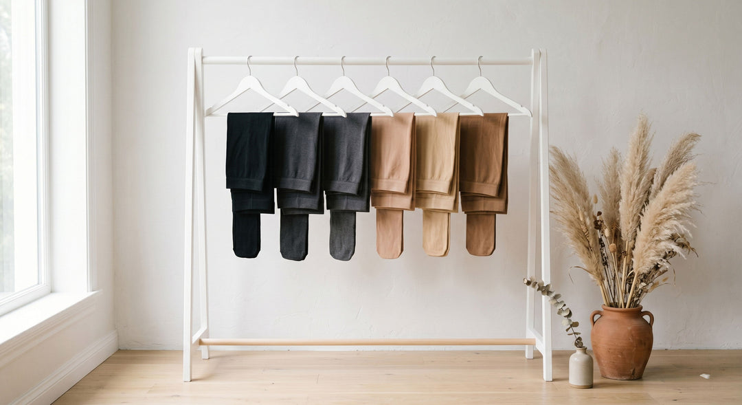 Penti tights in nude, charcoal and black hanging on a white  clothes rack with pampas grass decoration — available at  Fashiontight UK