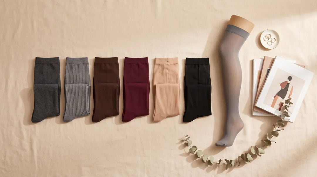 2026 tights colour trends flat lay: folded grey, chocolate brown, burgundy, sheer nude and black tights with a sheer grey stocking on a leg form