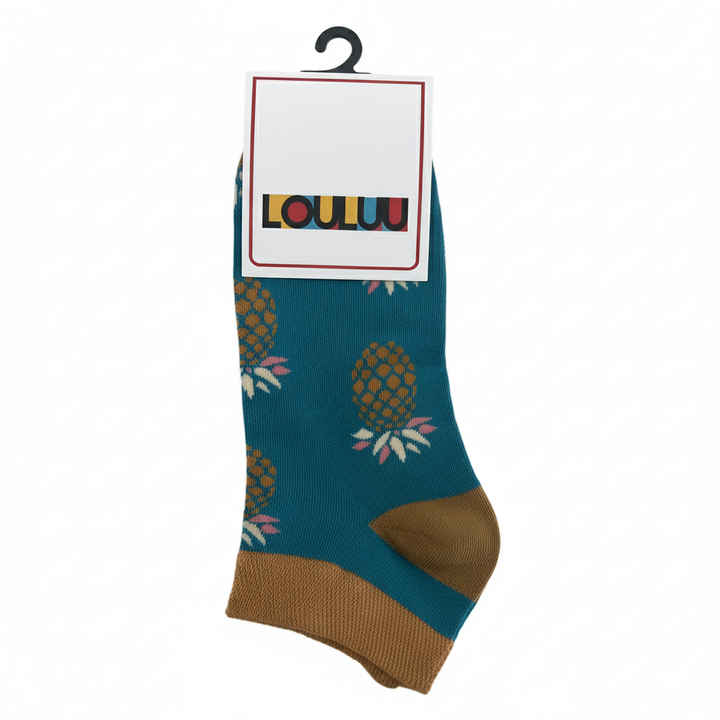 Louluu unisex cotton Pineapple low cut socks — close-up of fabric texture, UK sizes available at Louluu