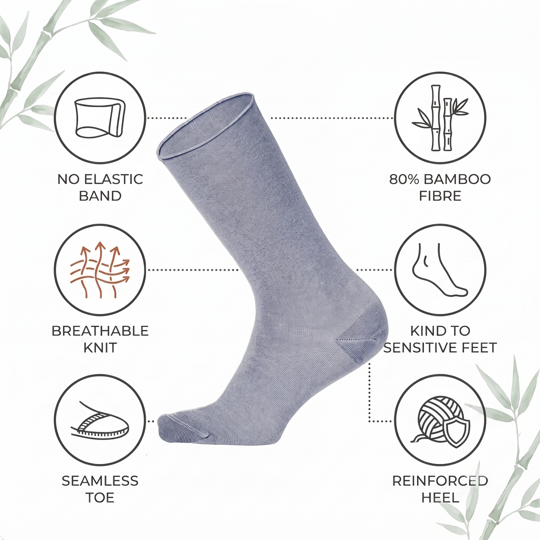 Louluu bamboo no-mark crew sock features — no elastic band at the cuff, 80% bamboo fibre, breathable knit, seamless toe, reinforced heel
