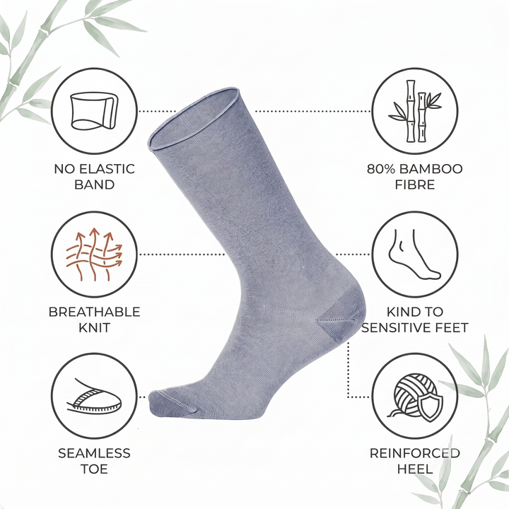 Louluu bamboo no-mark crew sock features — no elastic band at the cuff, 80% bamboo fibre, breathable knit, seamless toe, reinforced heel
