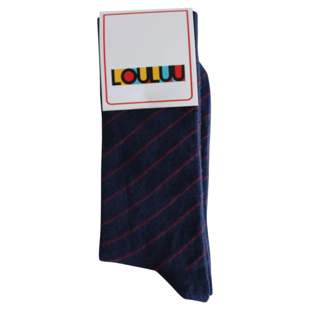 Louluu Men Cotton Dark Blue Stripped Crew Socks | Fashiontight UK