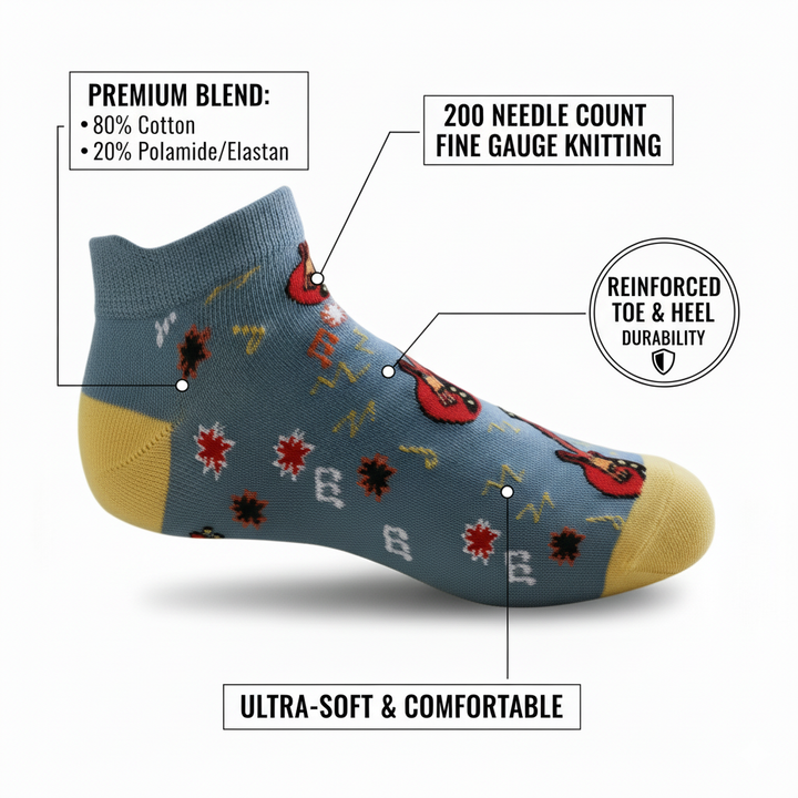 Louluu unisex cotton Guitar low cut socks — close-up of fabric texture, UK sizes available at Louluu