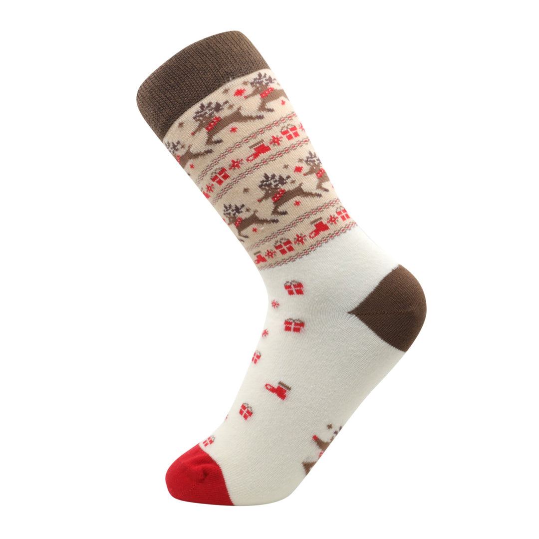 Louluu unisex combed cotton Cream Christmas socks — side profile view, breathable &amp; comfortable | Louluu