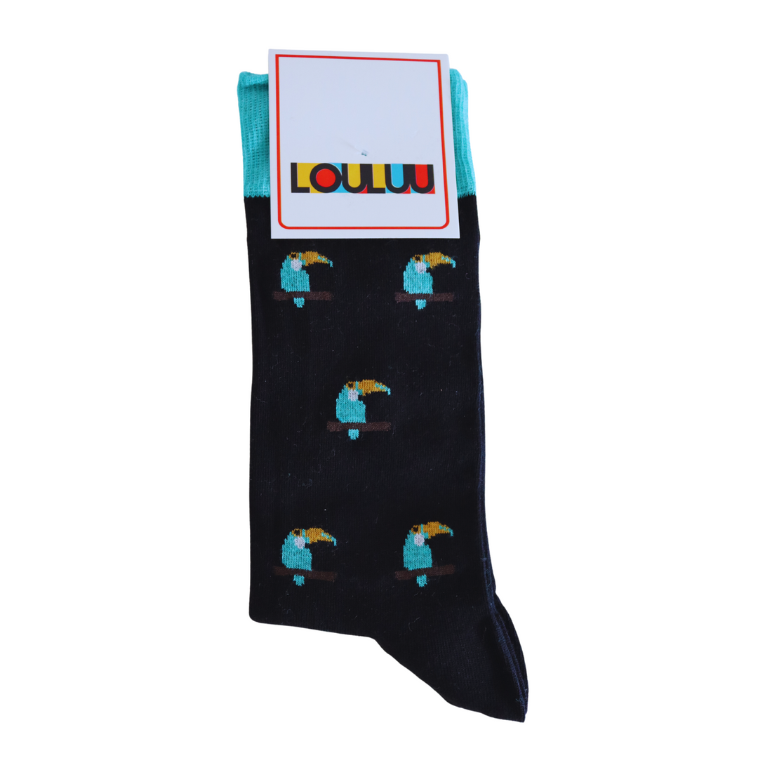 Louluu Men Parrot Black Colour Crew Socks