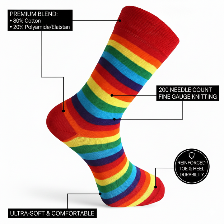 Louluu unisex cotton Rainbow crew socks — close-up of fabric texture, UK sizes available at Louluu