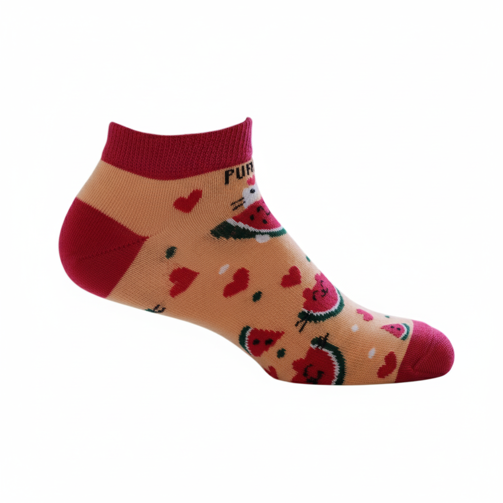 Louluu unisex cotton Watermelon low cut socks — side profile view, breathable &amp; comfortable | Louluu