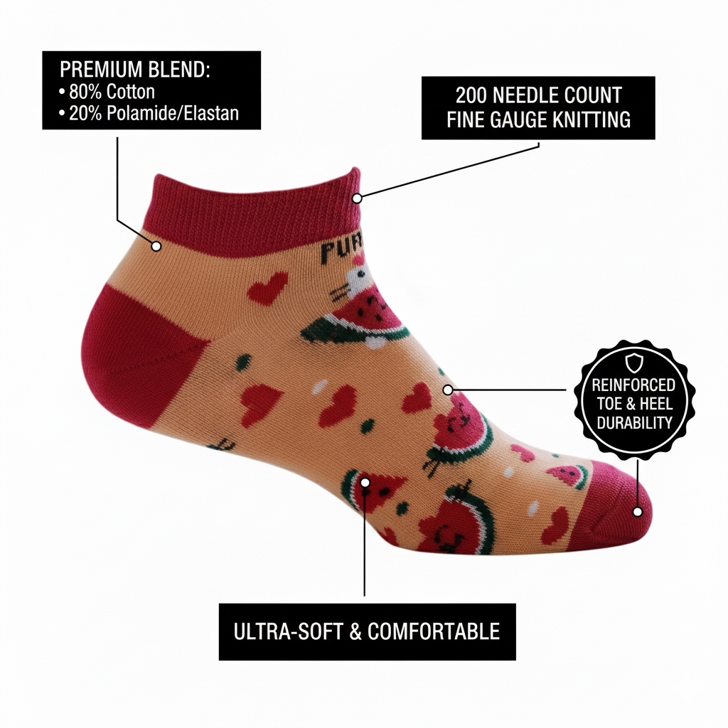 Louluu unisex cotton Watermelon low cut socks — close-up of fabric texture, UK sizes available at Louluu