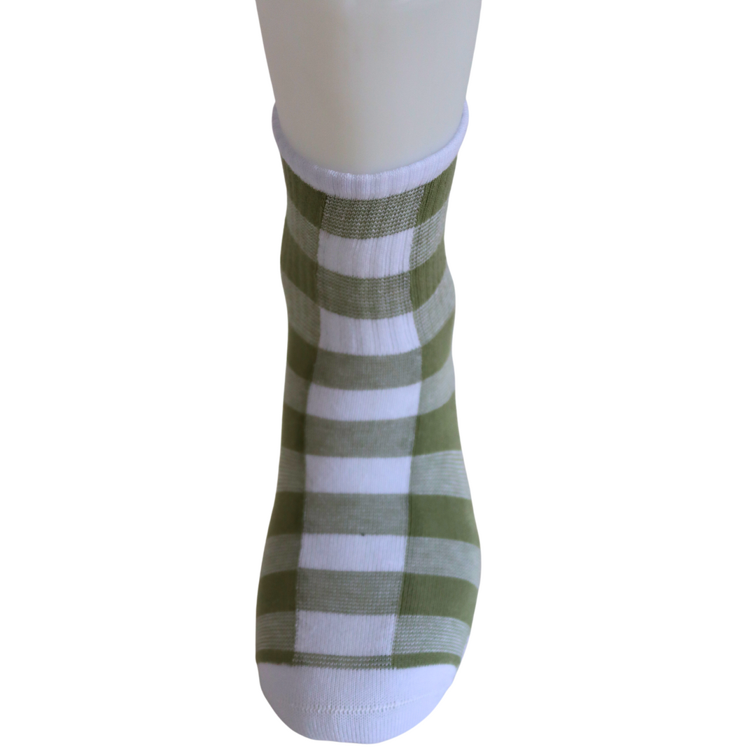 Louluu Women Green Stripe White Colour Tennis Socks