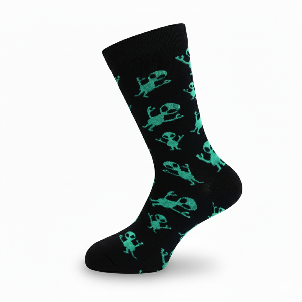 Louluu men's cotton Black Alien crew socks — seamless — front view | Louluu