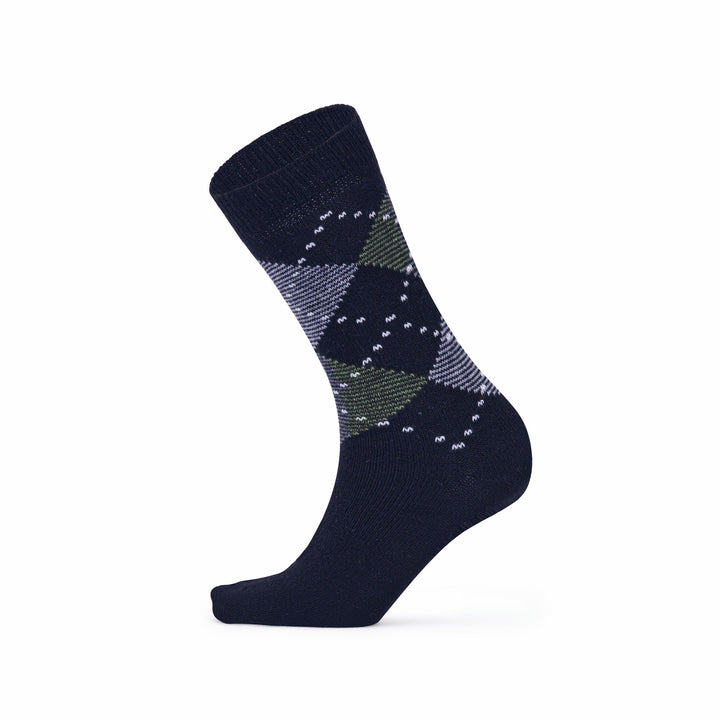 Navy argyle lambswool crew sock — side view