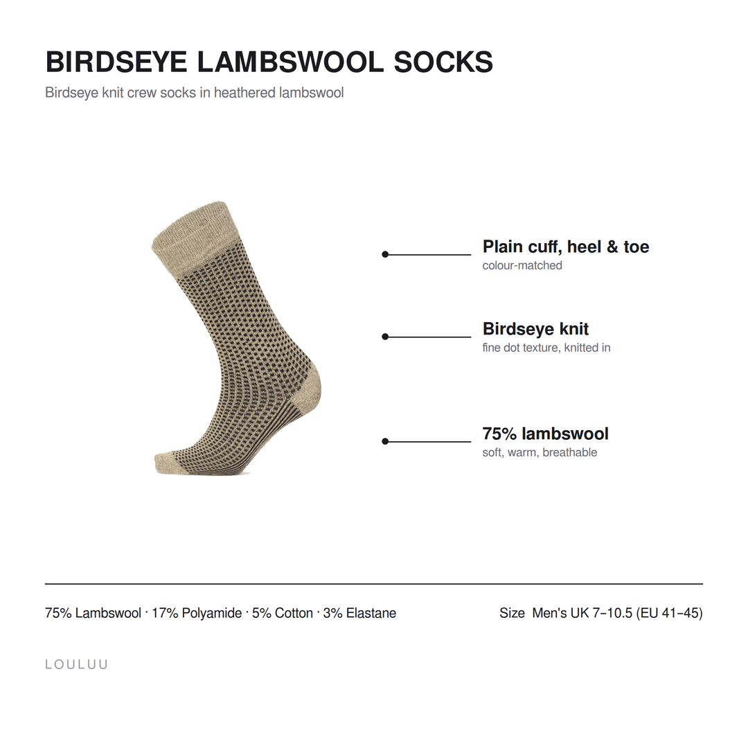 Birdseye lambswool socks infographic — plain cuff heel and toe, birdseye knit, 75% lambswool, men&
