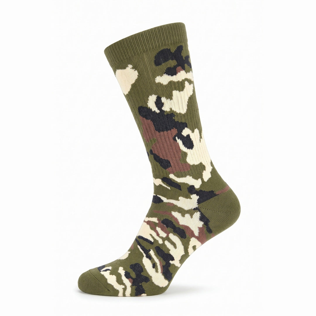 Green camo cushioned cotton crew sock — side view
