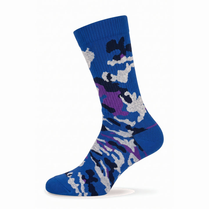Royal blue camo cushioned cotton crew sock — side view