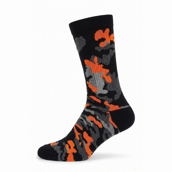 Black and orange camo cushioned cotton crew sock — side view
