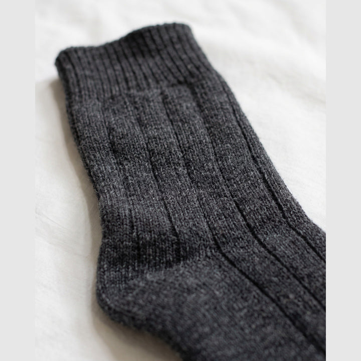 Close-up of charcoal chunky wide-rib lambswool sock showing the thick heathered knit