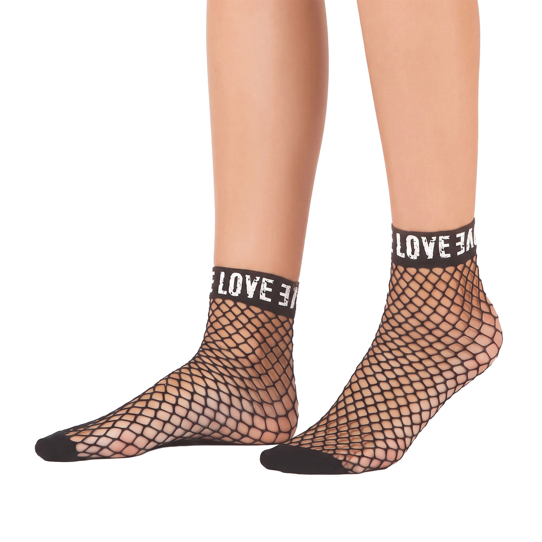 Daymod Love Fishnet Ankle Socks – Side View on Model | Fishnet Socks UK
