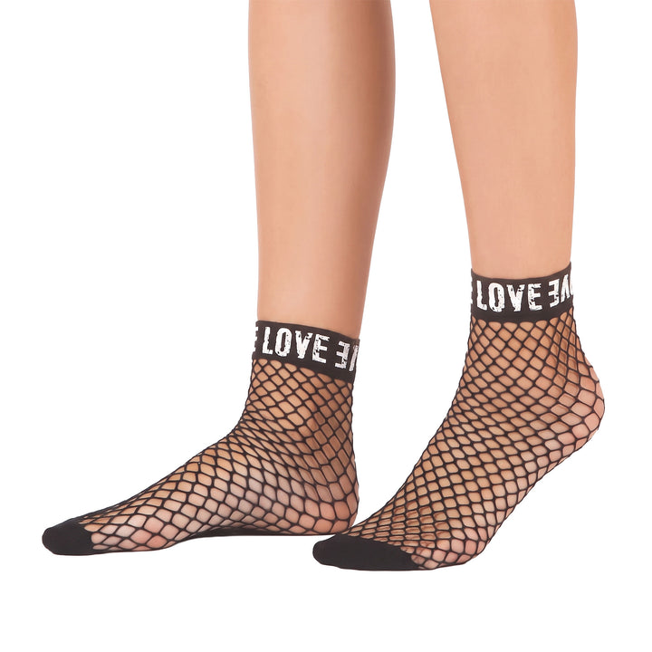 Daymod Love Fishnet Ankle Socks – Side View on Model | Fishnet Socks UK