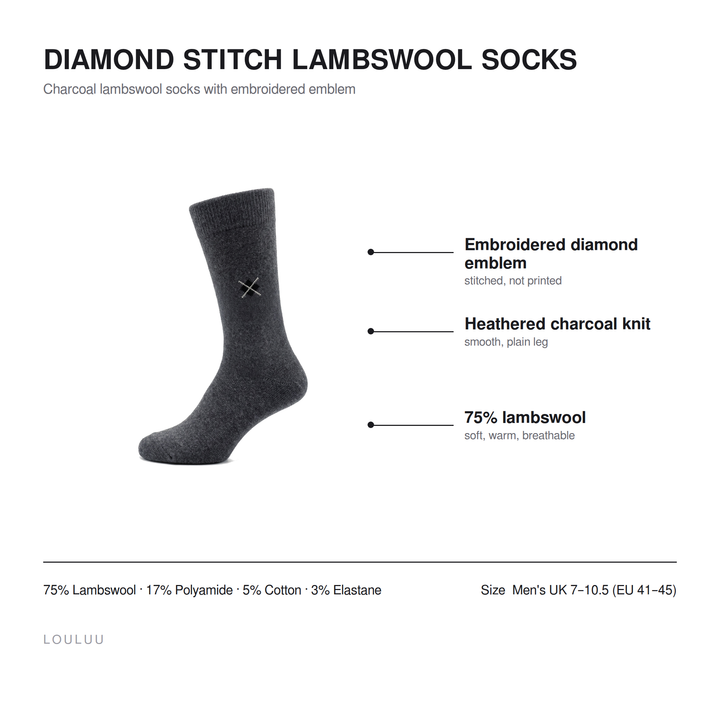 Diamond Stitch lambswool socks infographic — embroidered diamond emblem, heathered charcoal knit, 75% lambswool, men&