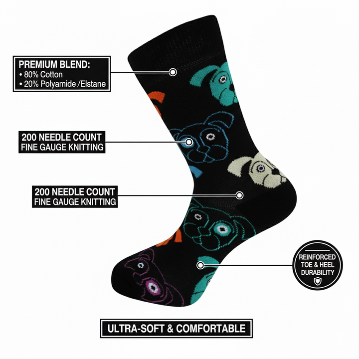 Louluu unisex cotton Dog crew socks — close-up of fabric texture, UK sizes available at Louluu