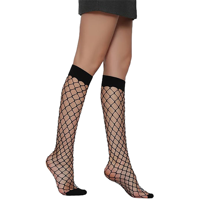 Daymod Fiona Big-Hole Fishnet Knee High Socks – Front View on Model | Fishnet Socks UK