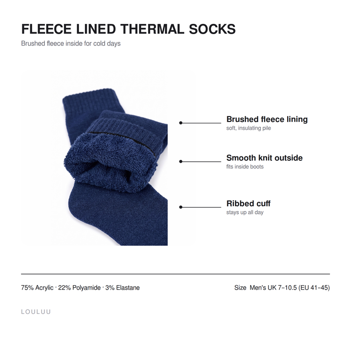 Fleece Lined Thermal socks infographic — brushed fleece lining, smooth knit outside, ribbed cuff, 75% acrylic, men&