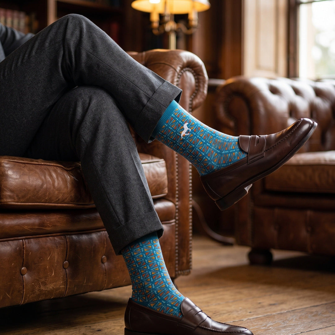 Man in a library armchair wearing petrol Galloper Mosaic socks with white horse emblem, charcoal trousers and brown loafers