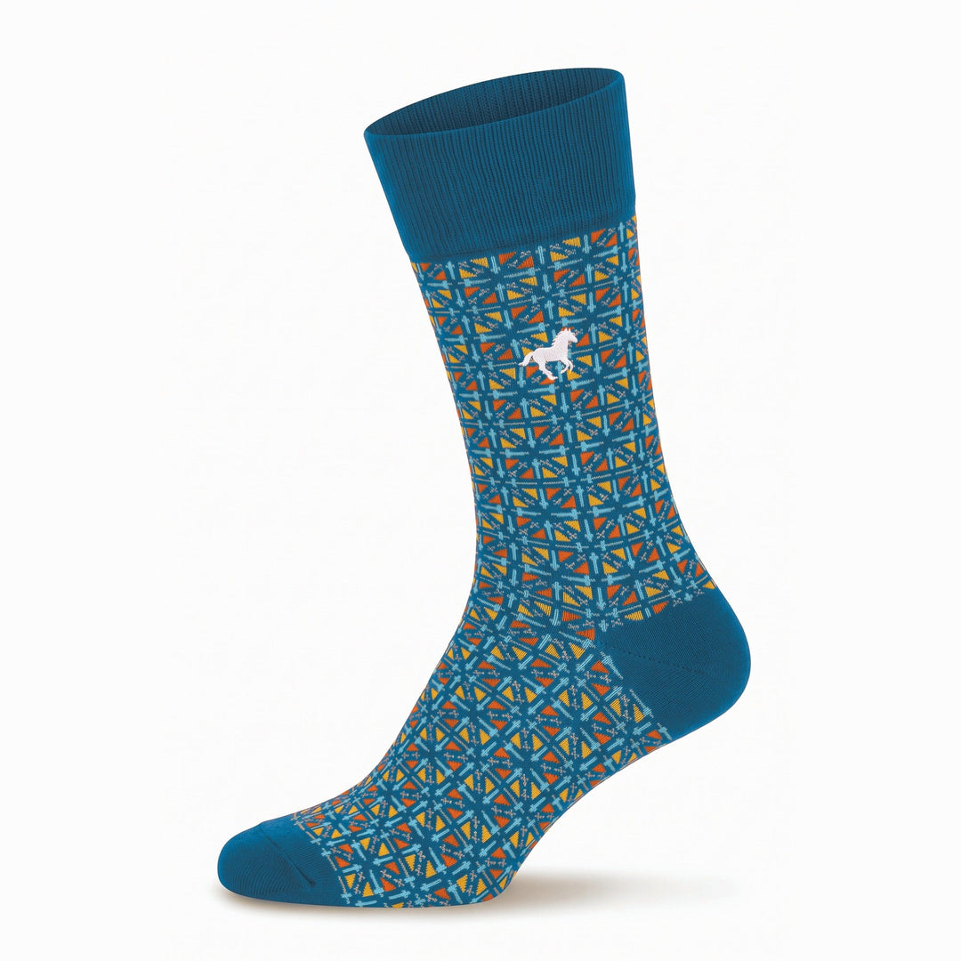 Petrol blue Galloper Mosaic crew sock with jacquard pattern and white horse emblem — side view