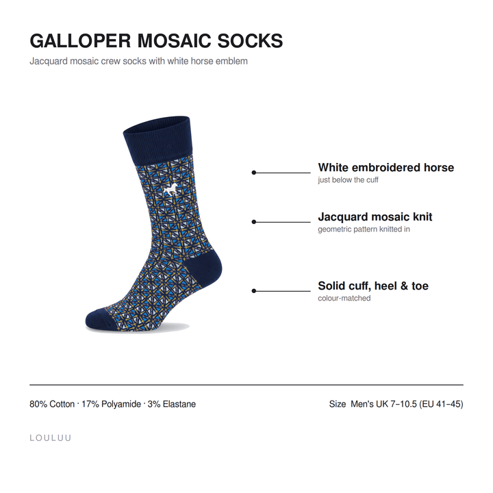 Galloper Mosaic socks infographic — white embroidered horse, jacquard mosaic knit, solid cuff heel and toe, 80% cotton, men&