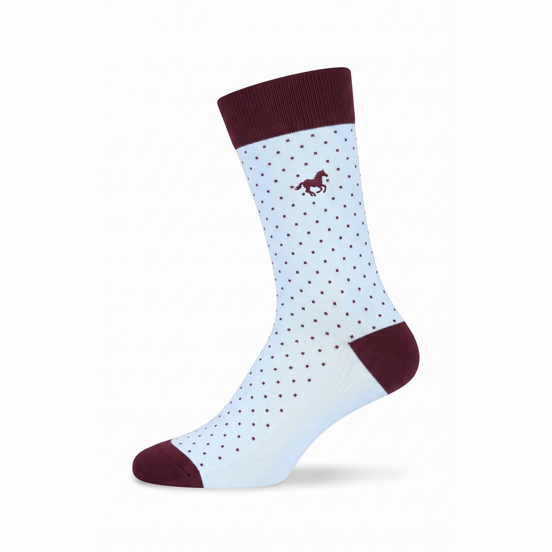Ice blue Galloper Pin Dot crew sock with burgundy cuff, heel and toe — side view