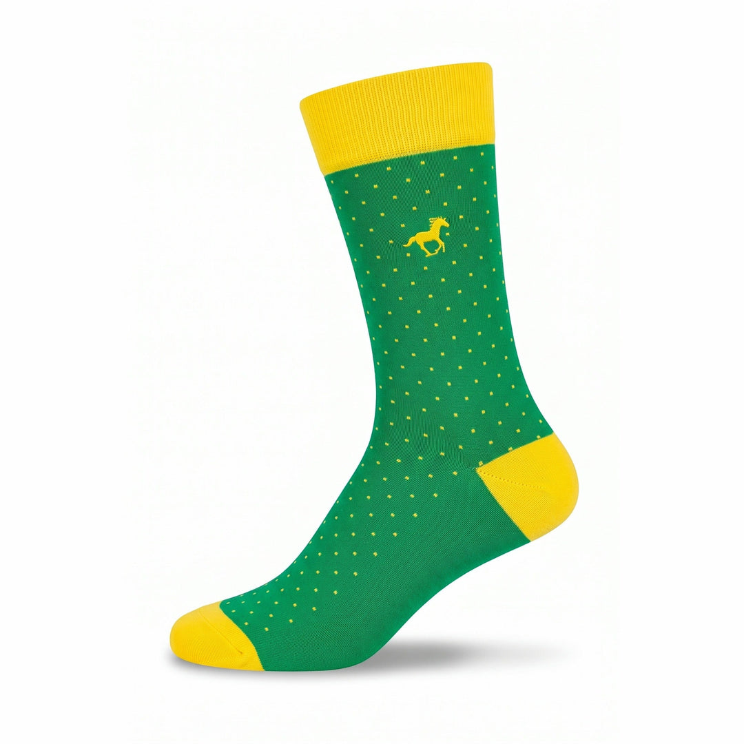 Green Galloper Pin Dot crew sock with yellow cuff, heel and toe — side view