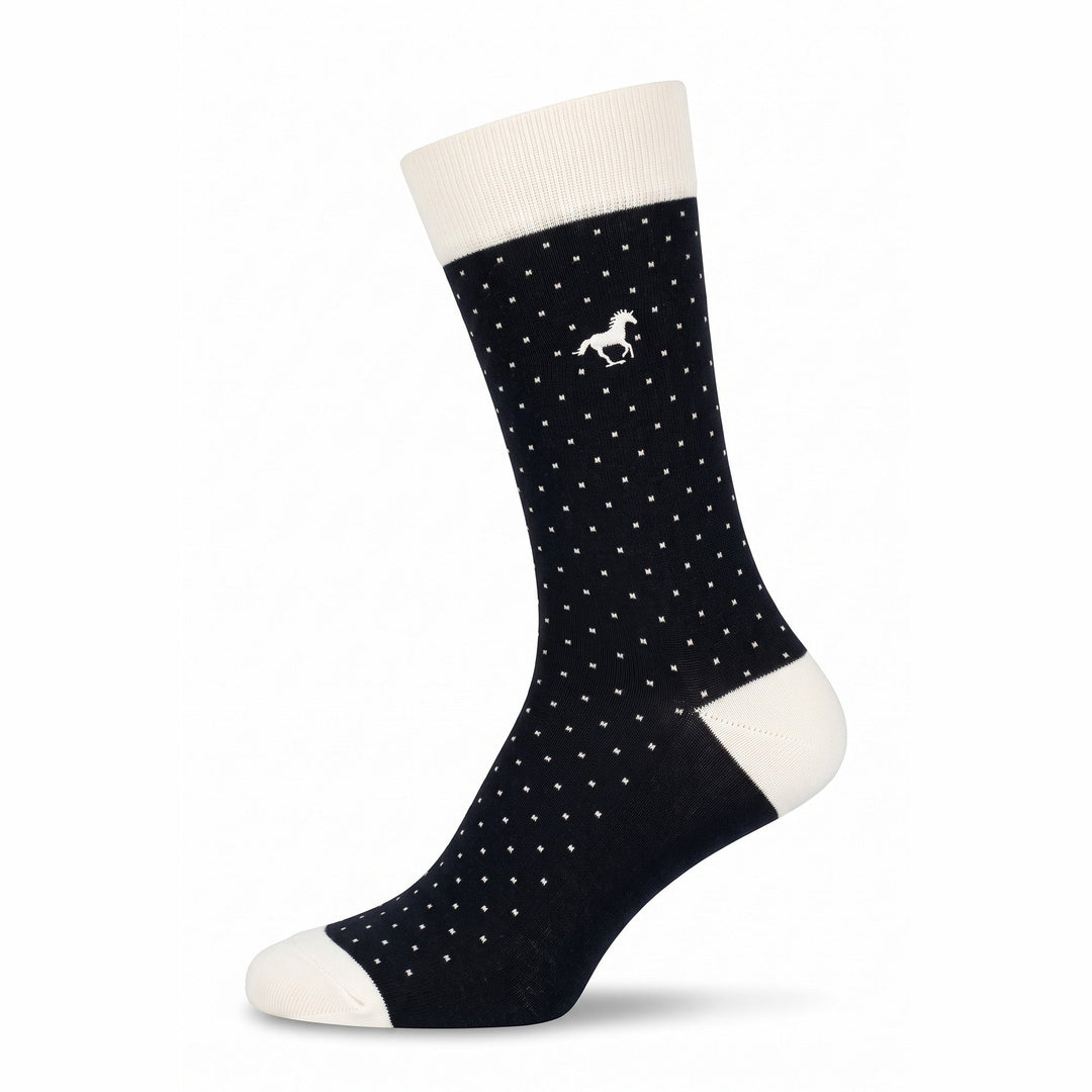 Black Galloper Pin Dot crew sock with cream cuff, heel and toe — side view