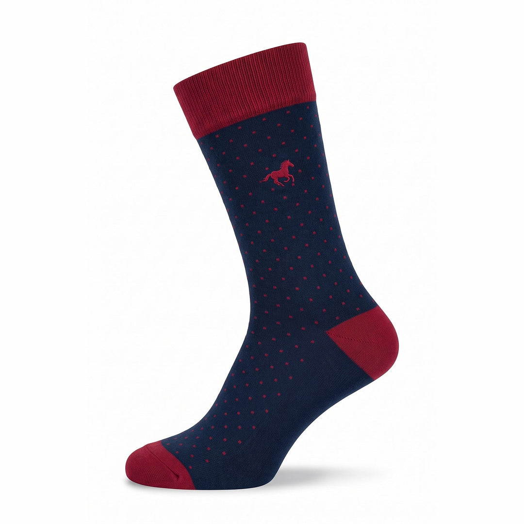 Navy Galloper Pin Dot crew sock with red cuff, heel and toe — side view