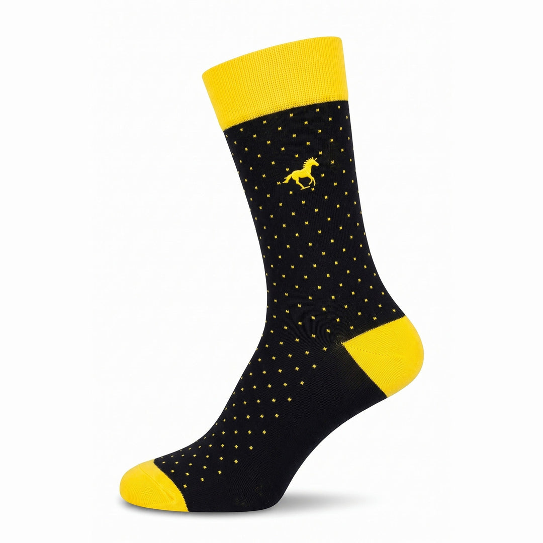 Black Galloper Pin Dot crew sock with yellow cuff, heel and toe — side view