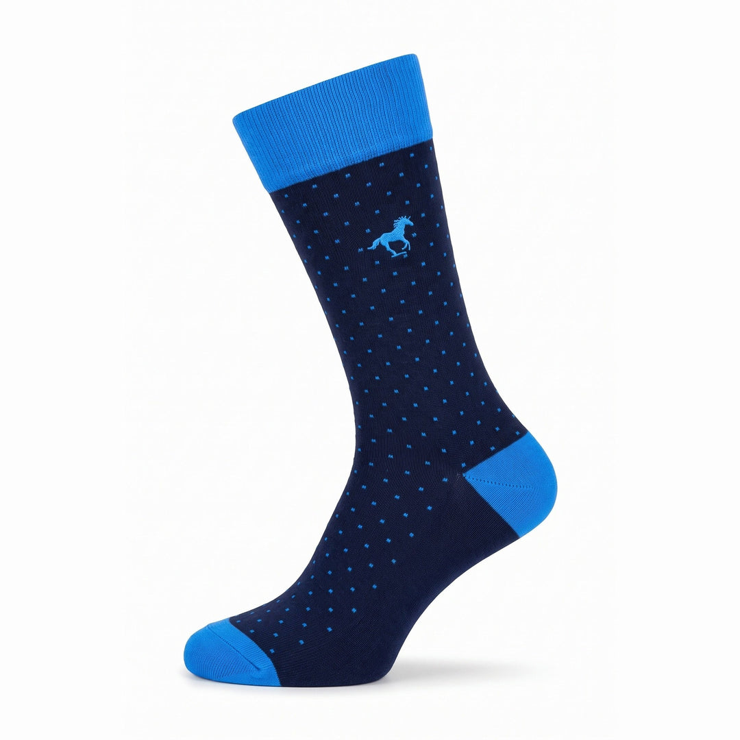 Navy Galloper Pin Dot crew sock with blue cuff, heel and toe — side view