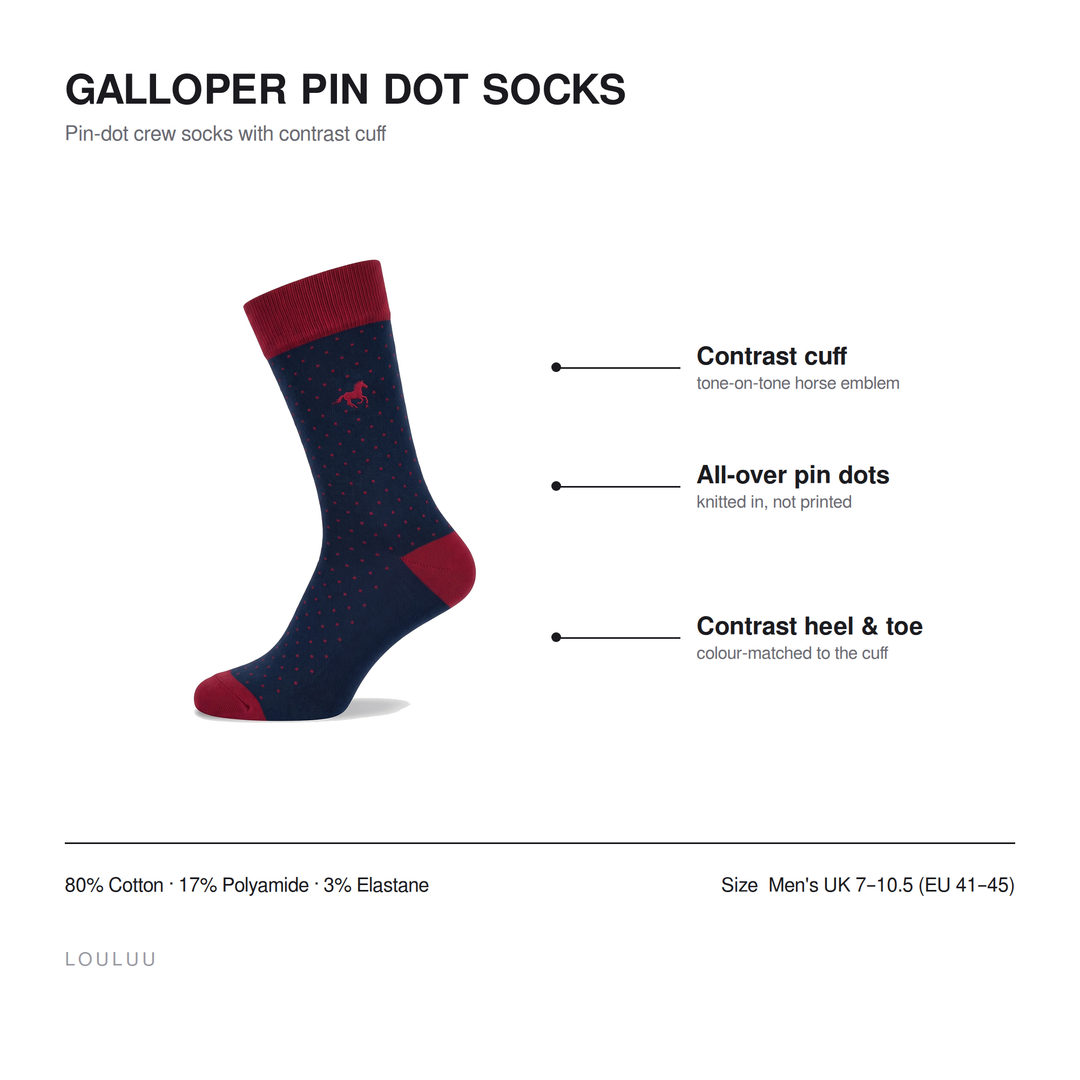 Galloper Pin Dot socks infographic — contrast cuff, tone-on-tone horse emblem, all-over pin dots, 80% cotton, men&