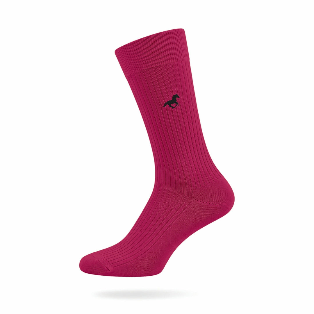 Raspberry pink Galloper ribbed crew sock with embroidered horse emblem — side view