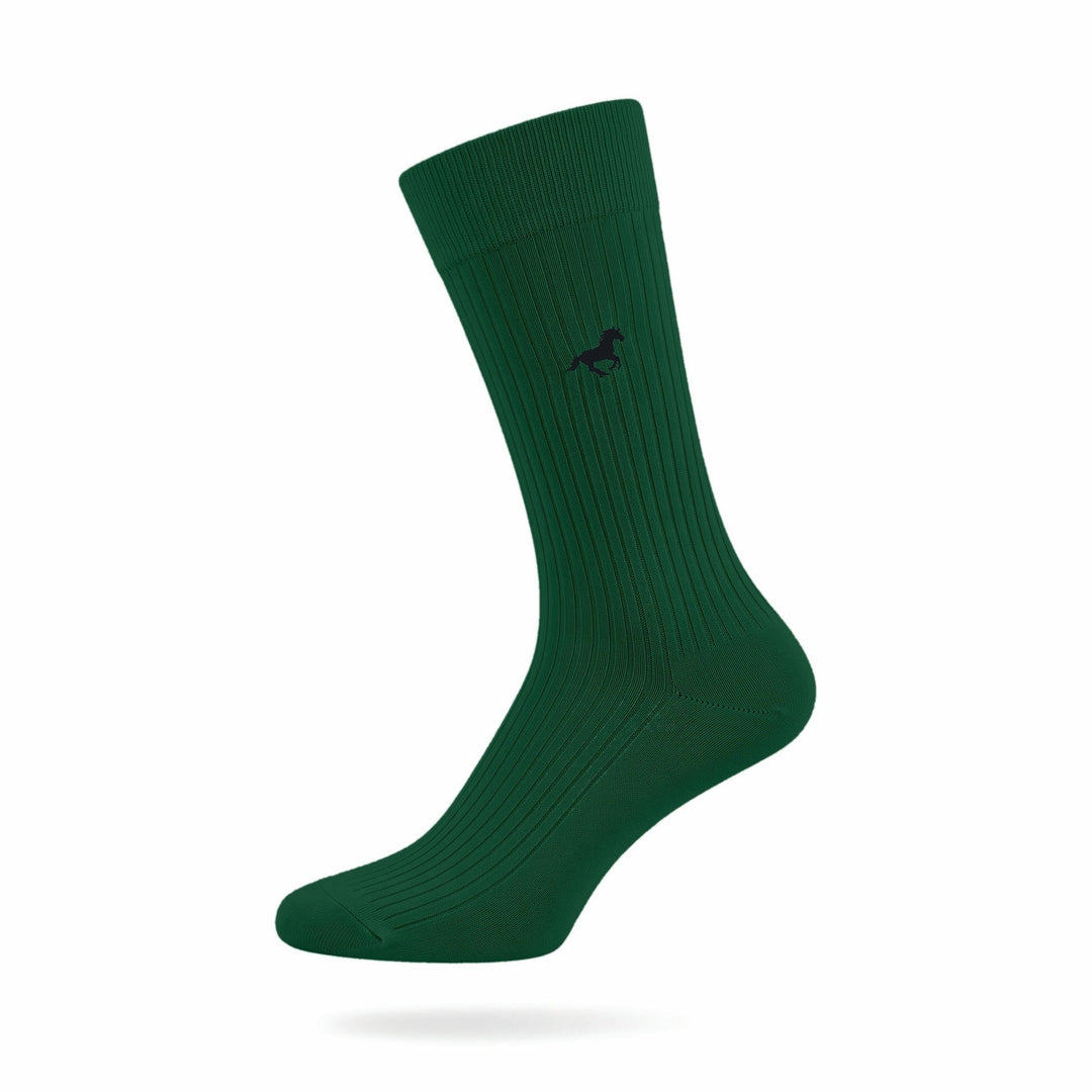 Forest green Galloper ribbed crew sock with embroidered horse emblem — side view