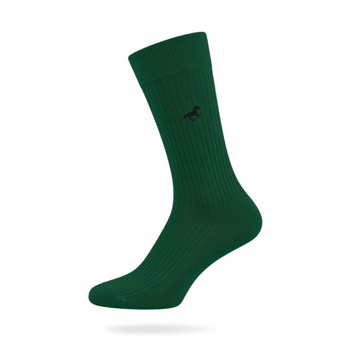 Forest green Galloper ribbed crew sock with embroidered horse emblem — side view