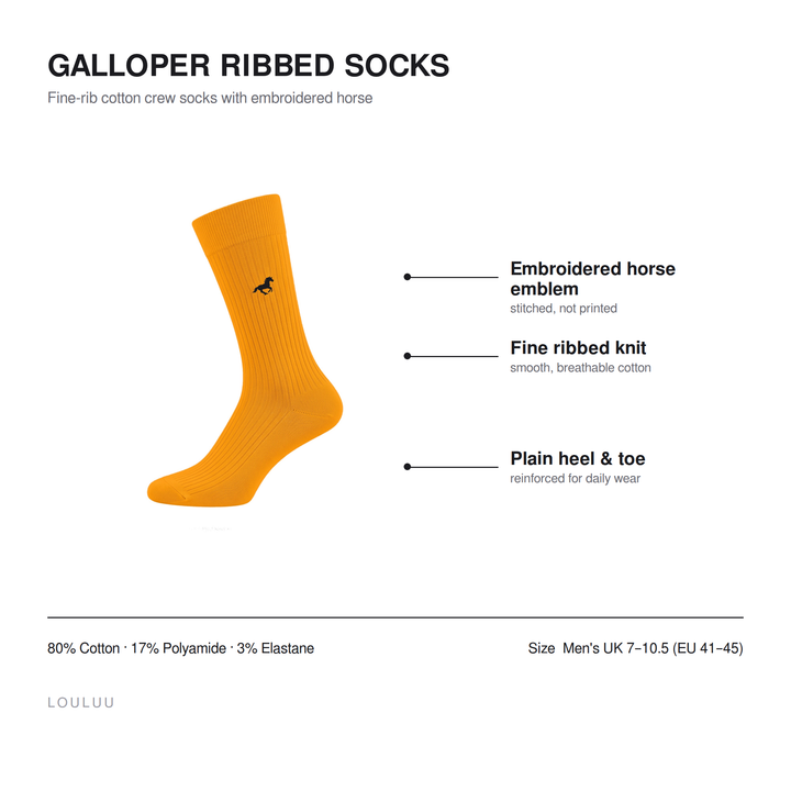 Galloper ribbed socks infographic — embroidered horse emblem, fine ribbed knit, plain heel and toe, 80% cotton, men&