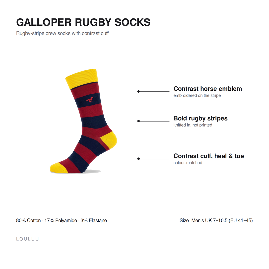 Galloper Rugby socks infographic — contrast horse emblem, bold rugby stripes, contrast cuff heel and toe, 80% cotton, men&