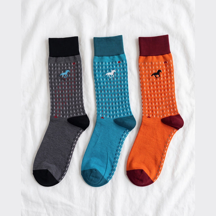 Louluu Galloper Stitch dash-knit crew socks in grey, blue and orange with contrast cuffs — flat lay