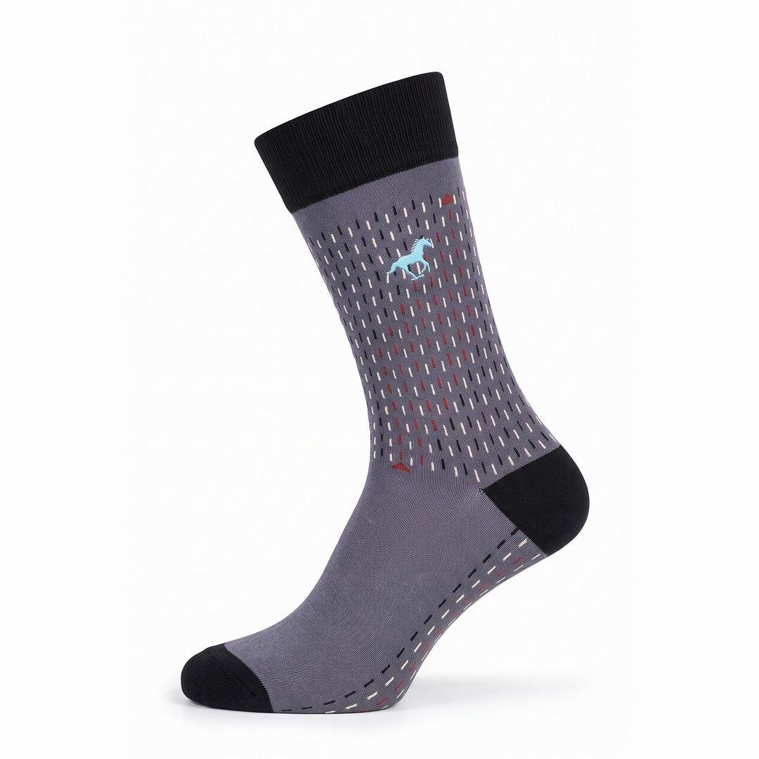 Grey Galloper Stitch crew sock with black cuff and dash pattern — side view
