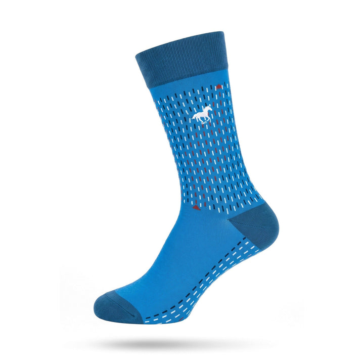 Blue Galloper Stitch crew sock with teal cuff and dash pattern — side view