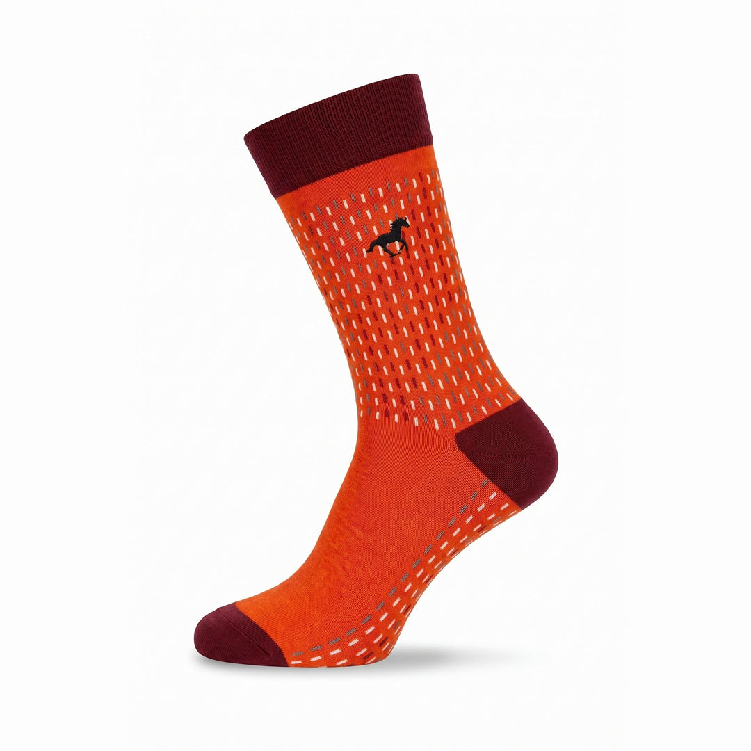 Orange Galloper Stitch crew sock with burgundy cuff and dash pattern — side view