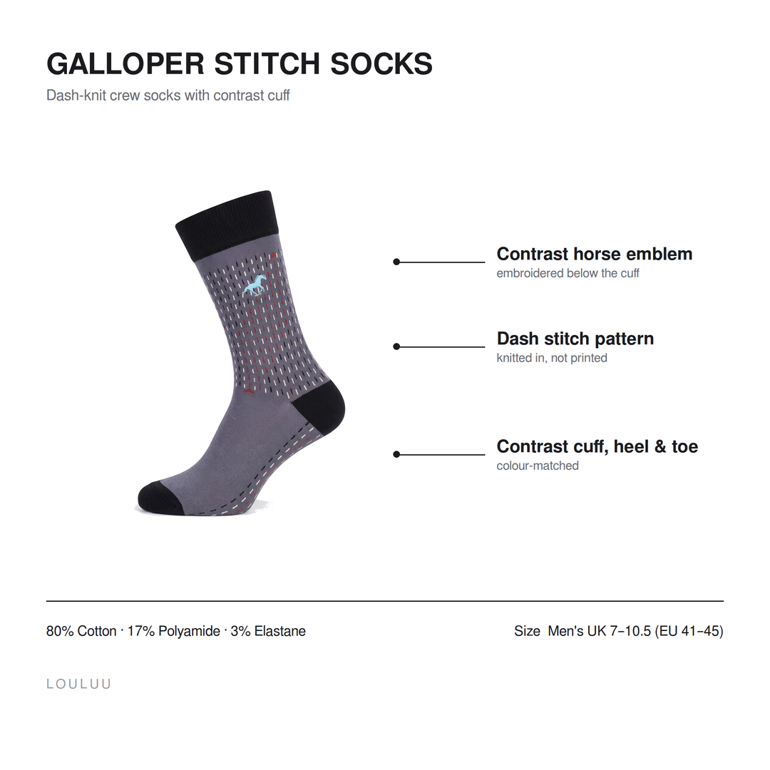Galloper Stitch socks infographic — contrast horse emblem, dash stitch pattern, contrast cuff heel and toe, 80% cotton, men&