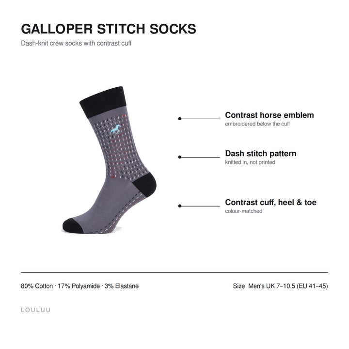 Galloper Stitch socks infographic — contrast horse emblem, dash stitch pattern, contrast cuff heel and toe, 80% cotton, men&